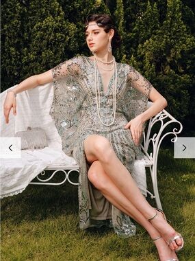 Sequined Sage Green Beaded Prom Dress with Sheer Cape Sleeves